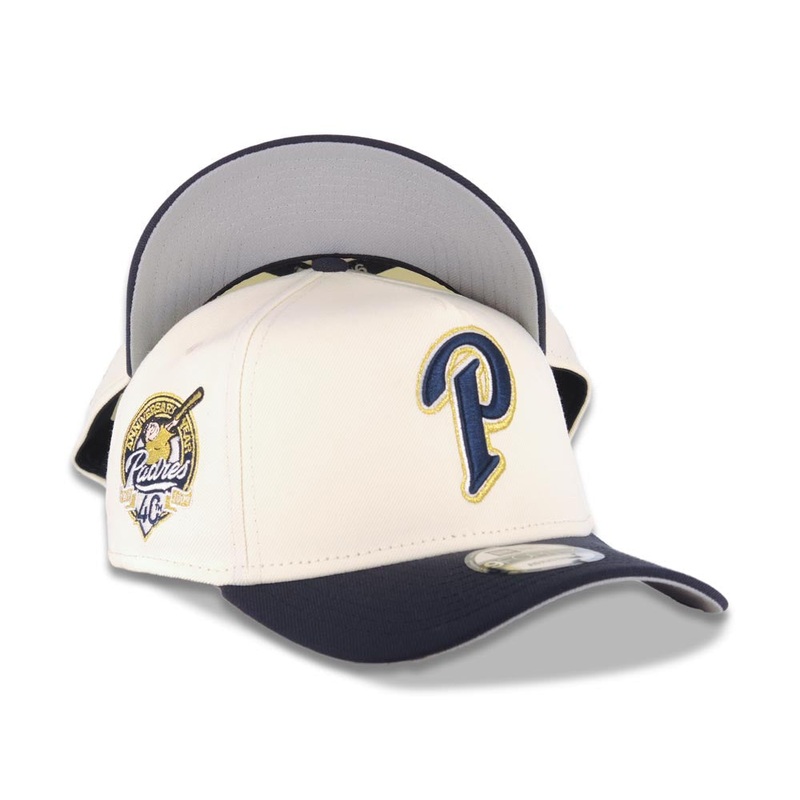 San Diego Padres New Era MLB 9FORTY 940 Adjustable A-Frame Snapback Cap Hat Cream Crown Navy Blue Visor Navy/Metallic Gold Logo 40th Anniversary Patch