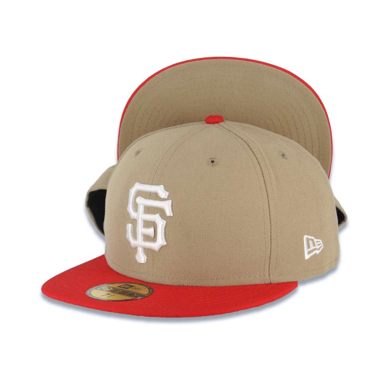 San Francisco Giants New Era MLB 59FIFTY 5950 Fitted Cap Hat Vegas Gold Crown Red Visor White Logo Khaki UV
