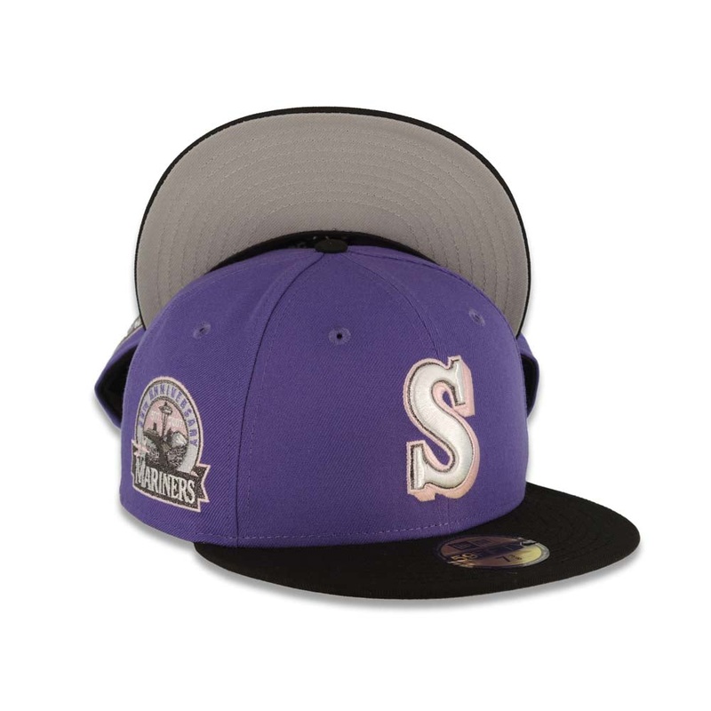Seattle Mariners New Era MLB 59FIFTY 5950 Fitted Cap Hat Light Purple Crown Black Visor White/Metallic Black/Pink Logo 30th Anniversary Side Patch
