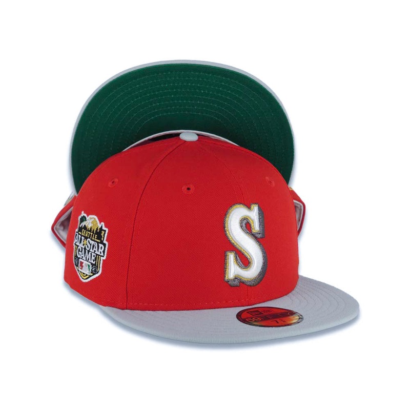 Seattle Mariners New Era MLB 59FIFTY 5950 Fitted Cap Hat Red Crown Gray Visor White/Metallic Gold/Black Logo 2023 All-Star Game Side Patch Green UV