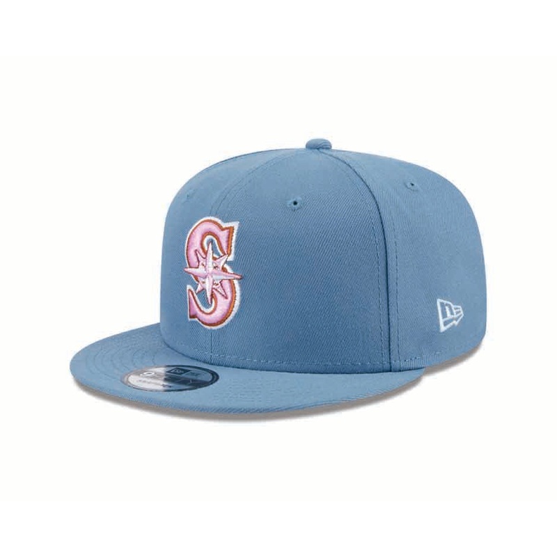 Seattle Mariners New Era MLB 9FIFTY 950 Snapback Cap Hat Dark Sky Blue Crown/Visor Pink Logo 2001 All-Star Game Side Patch (Color Pack)