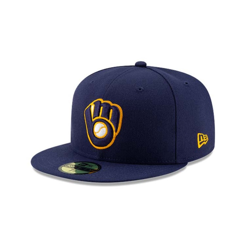 (Youth) Milwaukee Brewers New Era MLB 59FIFTY 5950 Kids Fitted Cap Hat Navy Blue Crown/Visor Team Color Logo
