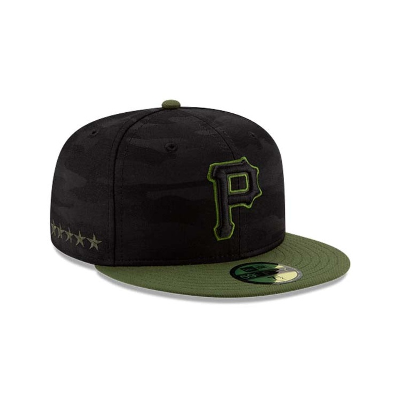 (Youth) Pittsburgh Pirates New Era MLB 59FIFTY 5950 Kids Fitted Cap Hat Black Camo Crown Olive Green Visor Black/Olive Logo