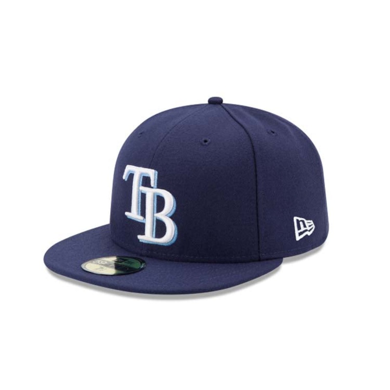 (Youth) Tampa Bay Rays New Era MLB 59FIFTY 5950 Kids Fitted Cap Hat Navy Blue Crown/Visor White/Sky Blue Logo