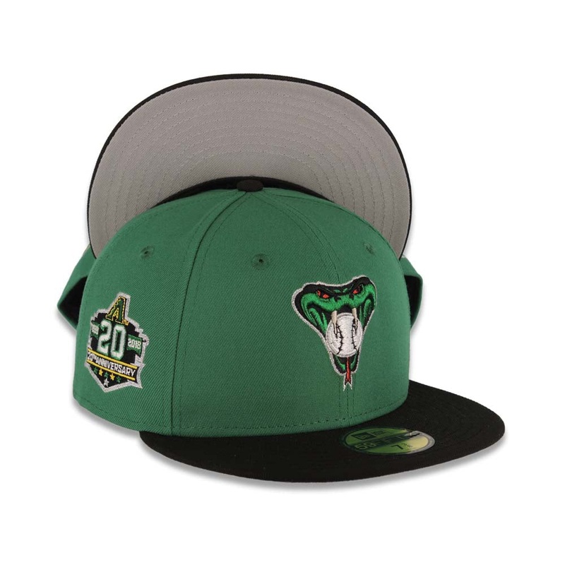 Arizona Diamondbacks New Era MLB 59FIFTY 5950 Fitted Cap Hat Green Crown Black Visor Metallic Green/White/Black Logo 20th Anniversary Side Patch