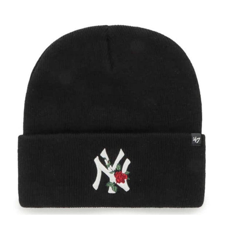New York Yankees ’47 Brand MLB Cuffed Knit Beanie Hat Black Crown/Visor White with Red Rose Logo