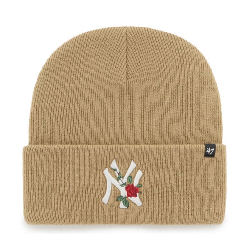 New York Yankees ’47 Brand MLB Cuffed Knit Beanie Hat Khaki Crown/Visor White with Red Rose Logo