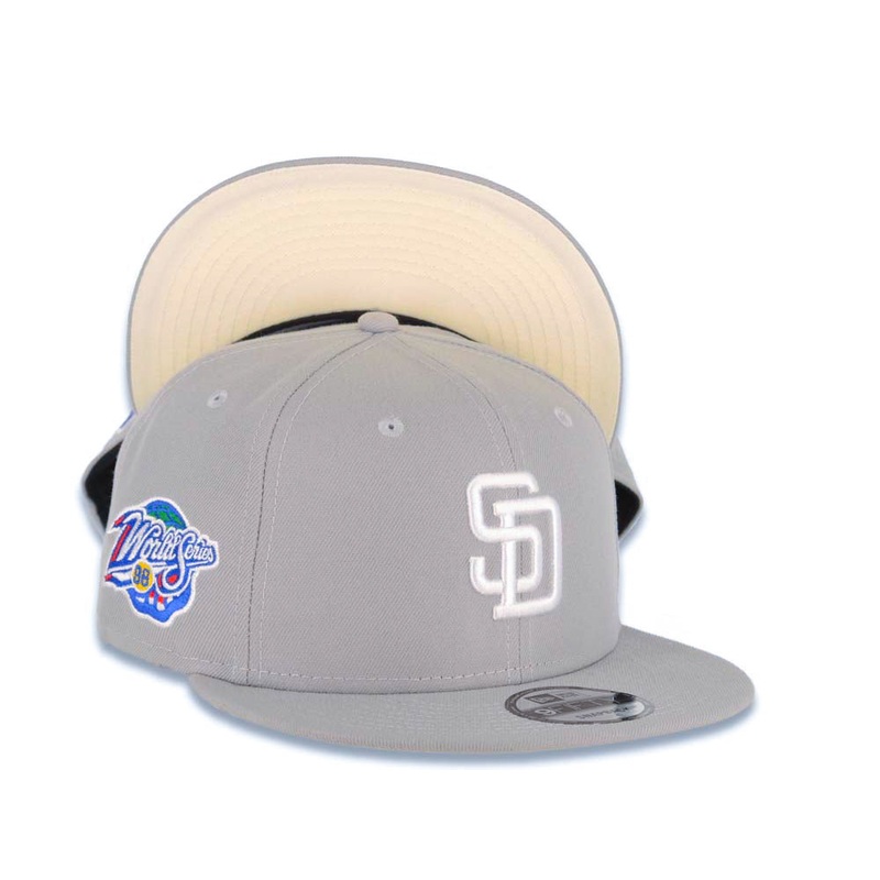 San Diego Padres New Era MLB 9FIFTY 950 Snapback Cap Hat Gray Crown/Visor White Logo 1998 World Series Side Patch Stone UV