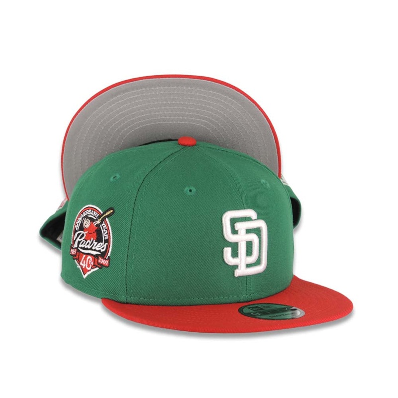 San Diego Padres New Era MLB 9FIFTY 950 Snapback Cap Hat Green Crown Red Visor White Logo 40th Anniversary Side Patch Gray UV