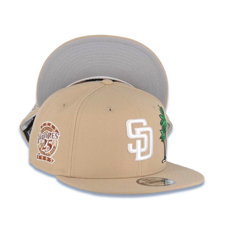 San Diego Padres New Era MLB 9FIFTY 950 Snapback Cap Hat Khaki Crown/Visor White Logo With Palm Tree 25th Anniversary Side Patch Gray UV