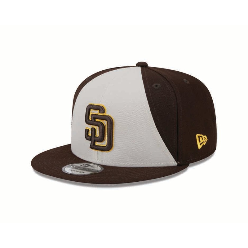 San Diego Padres New Era MLB 9FIFTY 950 Snapback Cap Hat White/Brown Crown Brown Visor Brown/Yellow Logo (2024 Batting Practice)