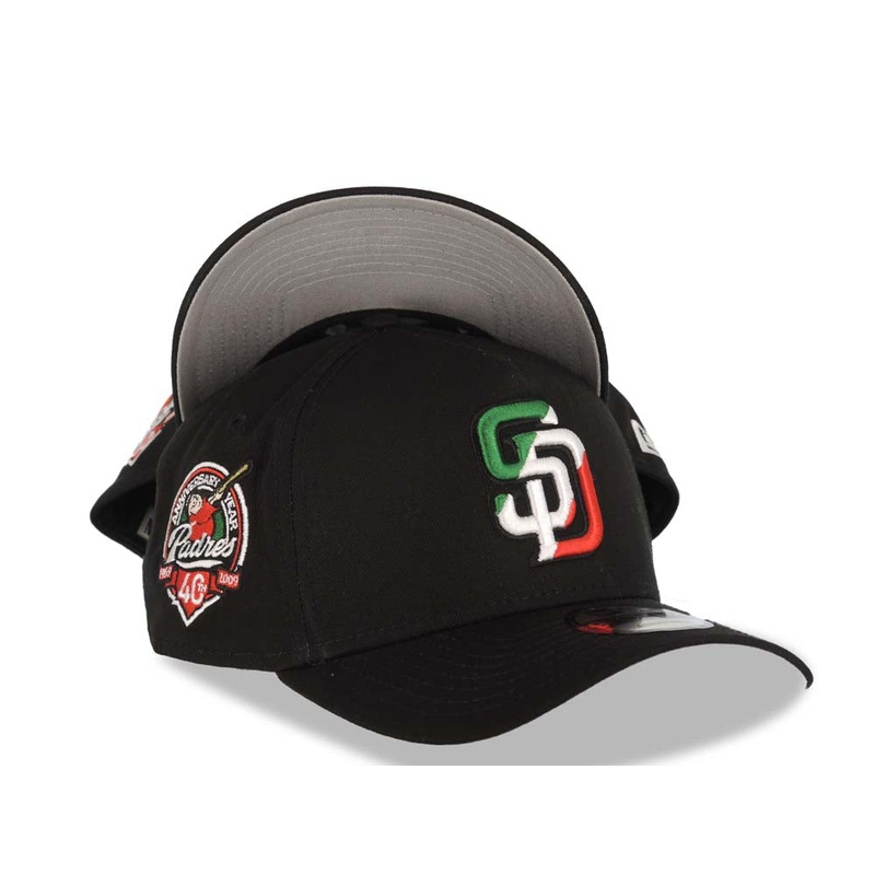 San Diego Padres New Era MLB 9FORTY 940 Adjustable A-Frame Cap Hat Black Crown/Visor Green/White/Red Logo 40th Anniversary Side Patch Gray UV
