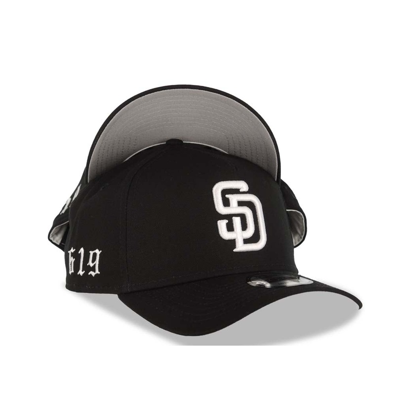 San Diego Padres New Era MLB 9FORTY 940 Adjustable A-Frame Cap Hat Black Crown/Visor White Logo 619 Side Patch Gray UV
