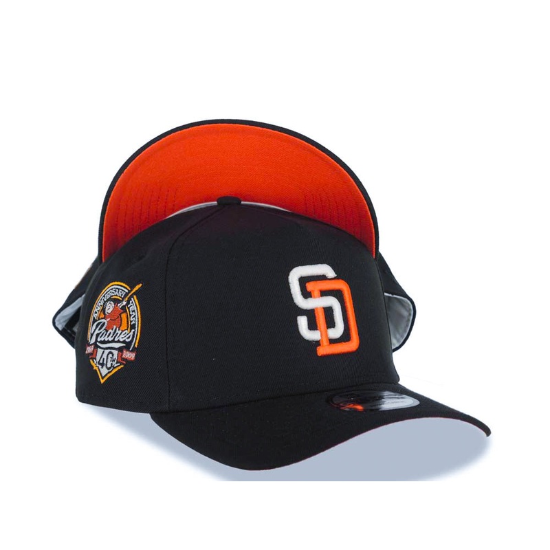 San Diego Padres New Era MLB 9FORTY 940 Adjustable A-Frame Cap Hat Black Crown/Visor White/Orange Logo 40th Anniversary Side Patch Orange UV
