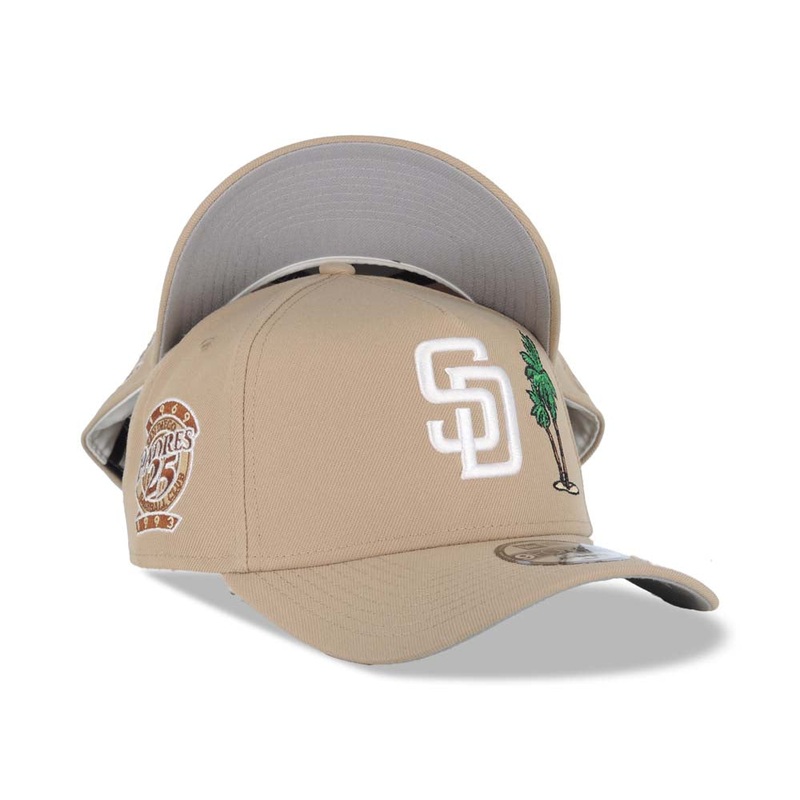 San Diego Padres New Era MLB 9FORTY 940 Adjustable A-Frame Cap Hat Khaki Crown/Visor White Logo With Palm Trees 25th Anniversary Side Patch