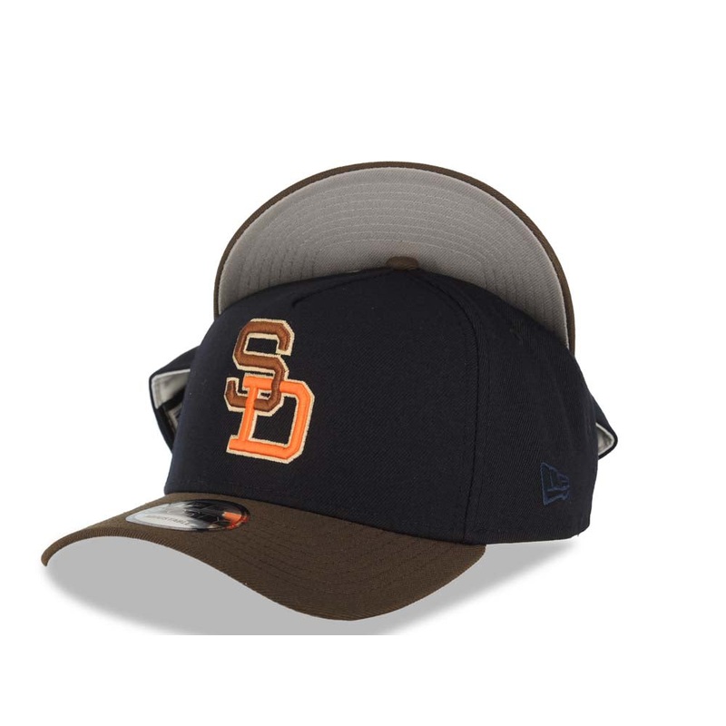 San Diego Padres New Era MLB 9FORTY 940 Adjustable A-Frame Cap Hat Navy Blue Crown Brown Visor Brown/Orange Logo