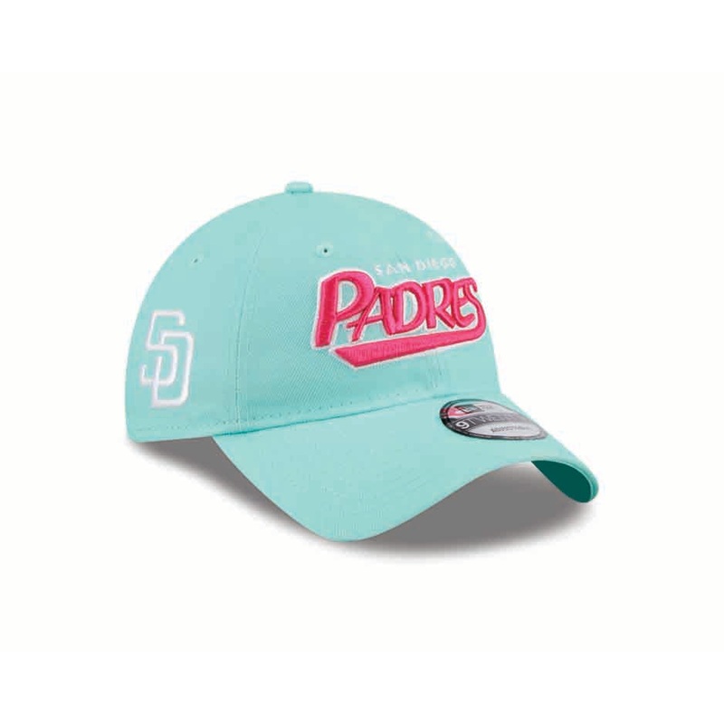 San Diego Padres New Era MLB 9TWENTY 920 Adjustable Cap Hat Light Teal Crown/Visor Magenta Text/Script Logo SD Side Patch