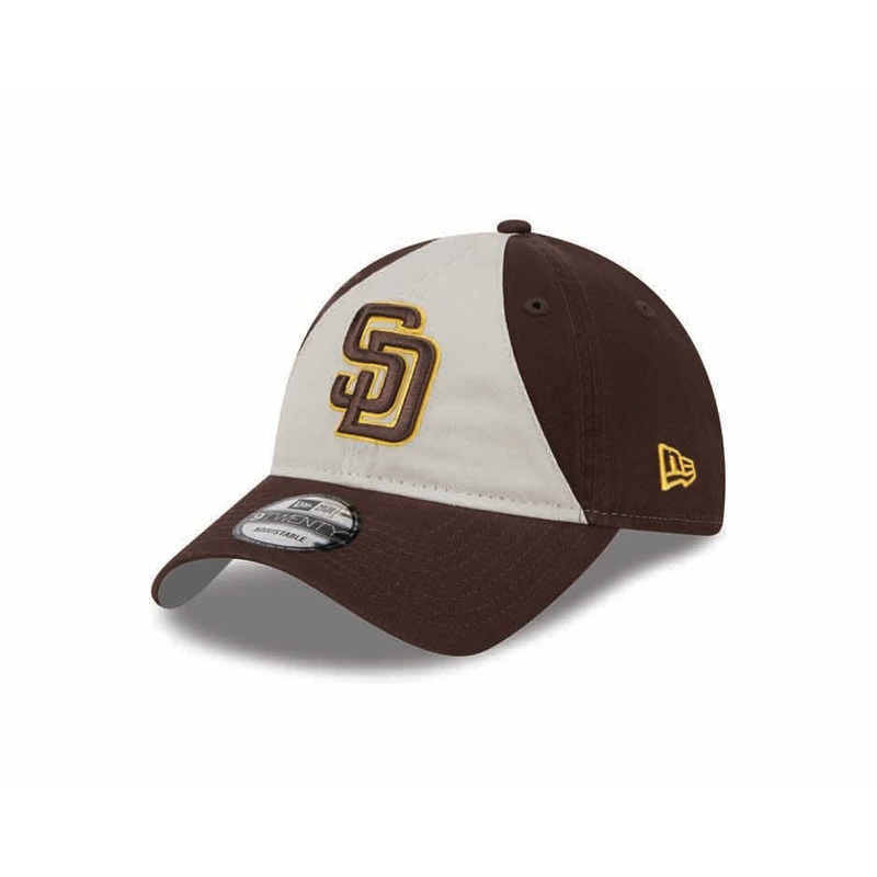 San Diego Padres New Era MLB 9TWENTY 920 Adjustable Cap Hat White/Brown Crown Brown Visor Brown/Yellow Logo (2024 Batting Practice)