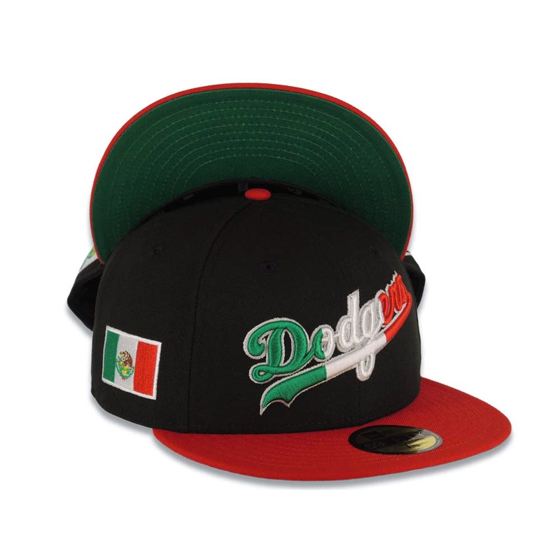 (Youth) Los Angeles Dodgers New Era MLB 59FIFTY 5950 Kid Fitted Cap Hat Black Crown Red Visor Green/White/Red Script/Text Logo Mexico Flag Side Patch