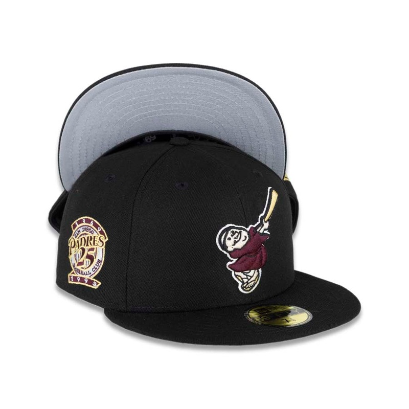 (Youth) San Diego Padres New Era MLB 59FIFTY 5950 Kid Fitted Cap Hat Black Crown/Visor Maroon/Metallic Gold Swinging Friar Logo 25th Anniversary Patch