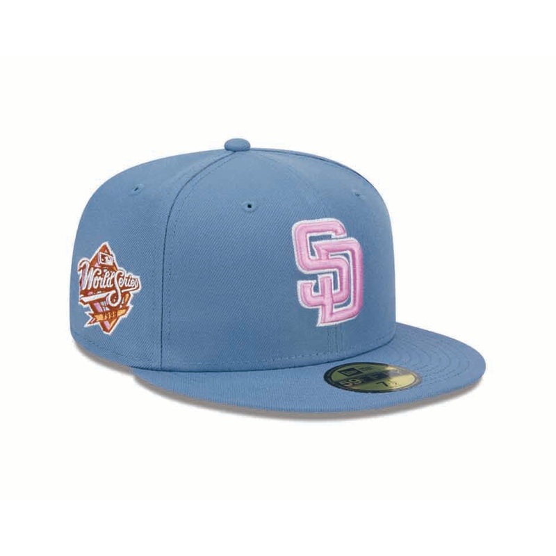(Youth) San Diego Padres New Era MLB 59FIFTY 5950 Kid Fitted Cap Hat Sky Blue Crown/Visor Pink/White Logo 1998 World Series Side Patch (Color Pack)