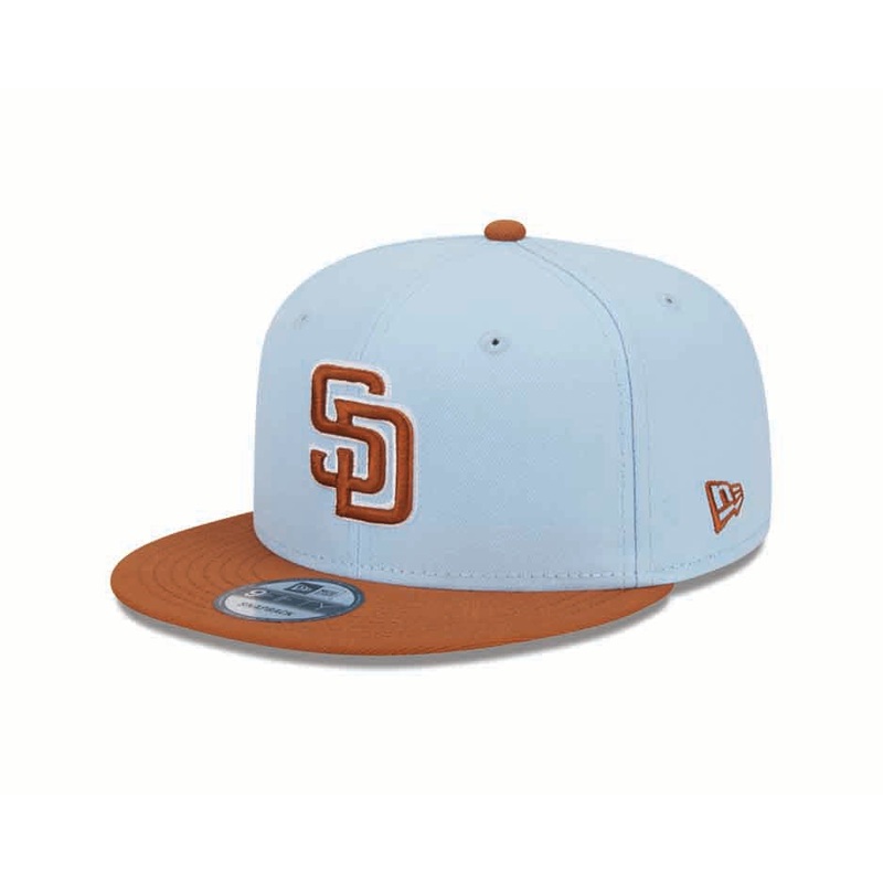 (Youth) San Diego Padres New Era MLB 9FIFTY 950 Kid Snapback Cap Hat Sky Blue Crown Dark Orange Visor Dark Orange Logo (2-Tone Color Pack)