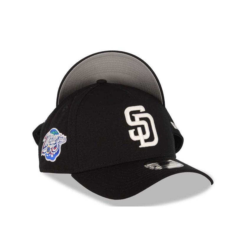 San Diego Padres New Era MLB 9FORTY 940 A-Frame Adjustable Snapback Cap Hat Black Crown/Visor White Logo 1988 World Series Side Patch Gray UV