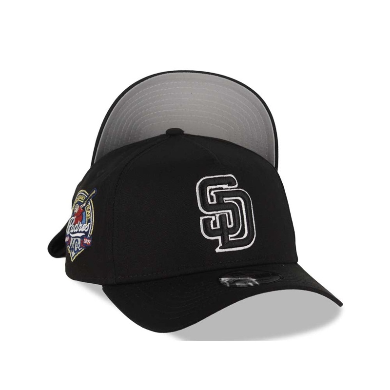 San Diego Padres New Era MLB 9FORTY 940 Adjustable A-Frame Cap Hat Black Crown/Visor Black/White Logo 40th Anniversary Side Patch Gray UV