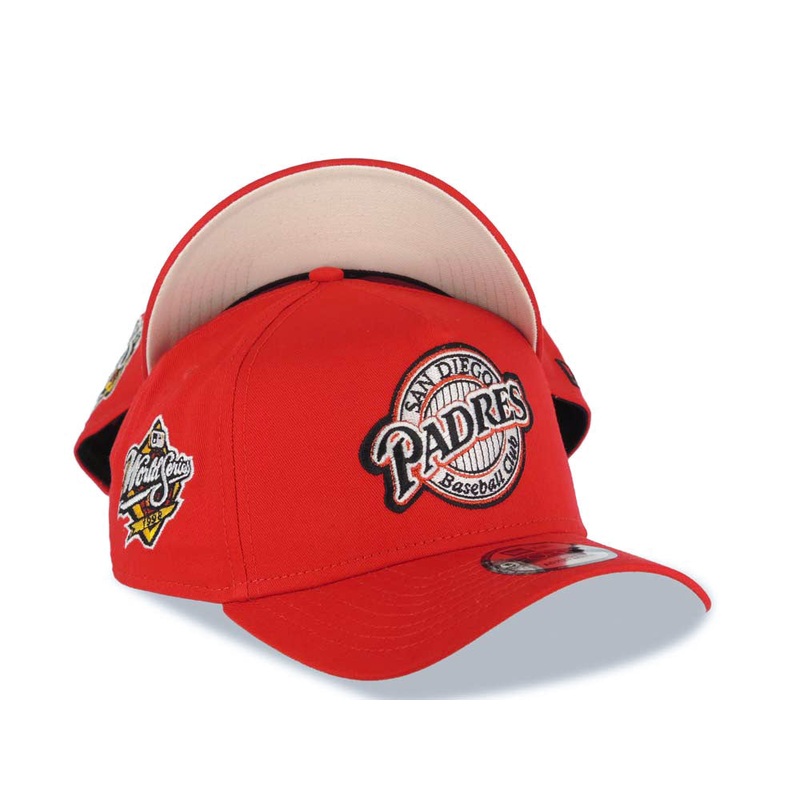 San Diego Padres New Era MLB 9FORTY 940 Adjustable A-Frame Cap Hat Red Crown/Visor Black/Metallic Red Baseball Club Logo 1998 World Series Side Patch Cream UV