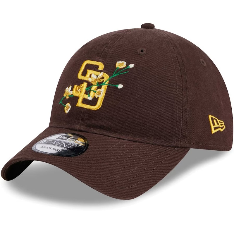 San Diego Padres New Era MLB 9TWENTY 920 Adjustable Cap Hat Brown Crown/Visor Yellow Logo (Game Day Bloom Flower)