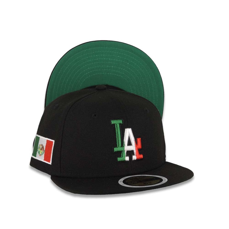 (Youth) Los Angeles Dodgers New Era MLB 59FIFTY 5950 Fitted Kid Cap Hat Black Crown/Visor Green/White/Red Logo Mexico Flag Side Patch Green UV