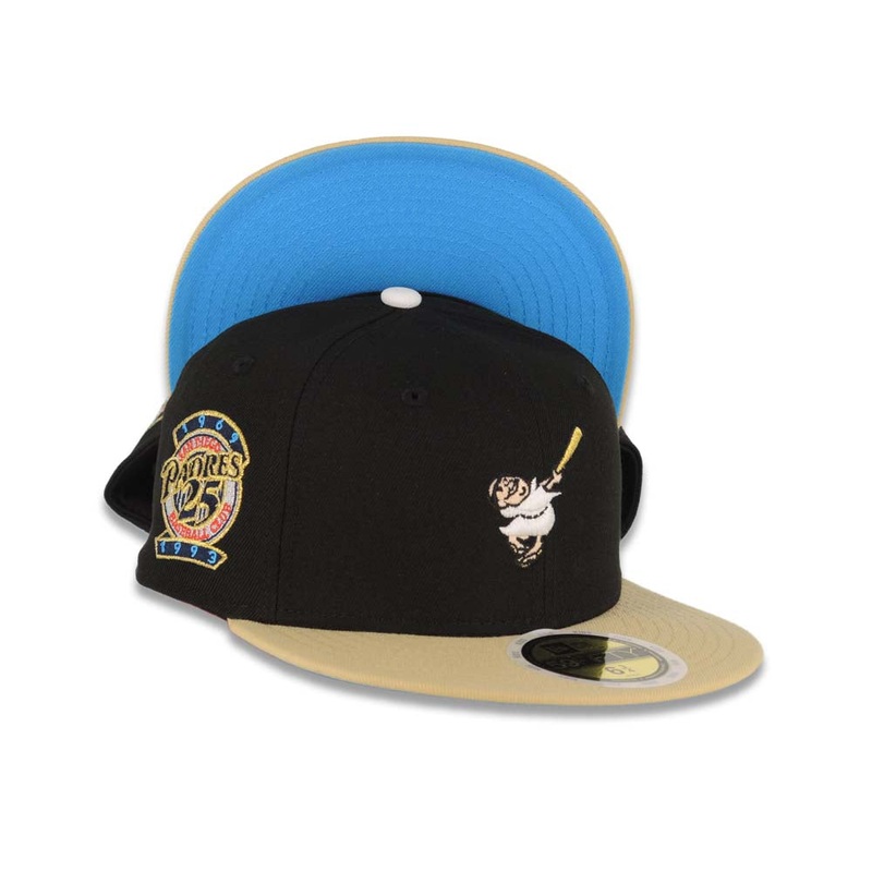 (Youth) San Diego Padres New Era MLB 59FIFTY 5950 Kid Fitted Cap Hat Black Crown Vegas Gold Visor White/Metallic Gold Swinging Friar Logo Blue UV