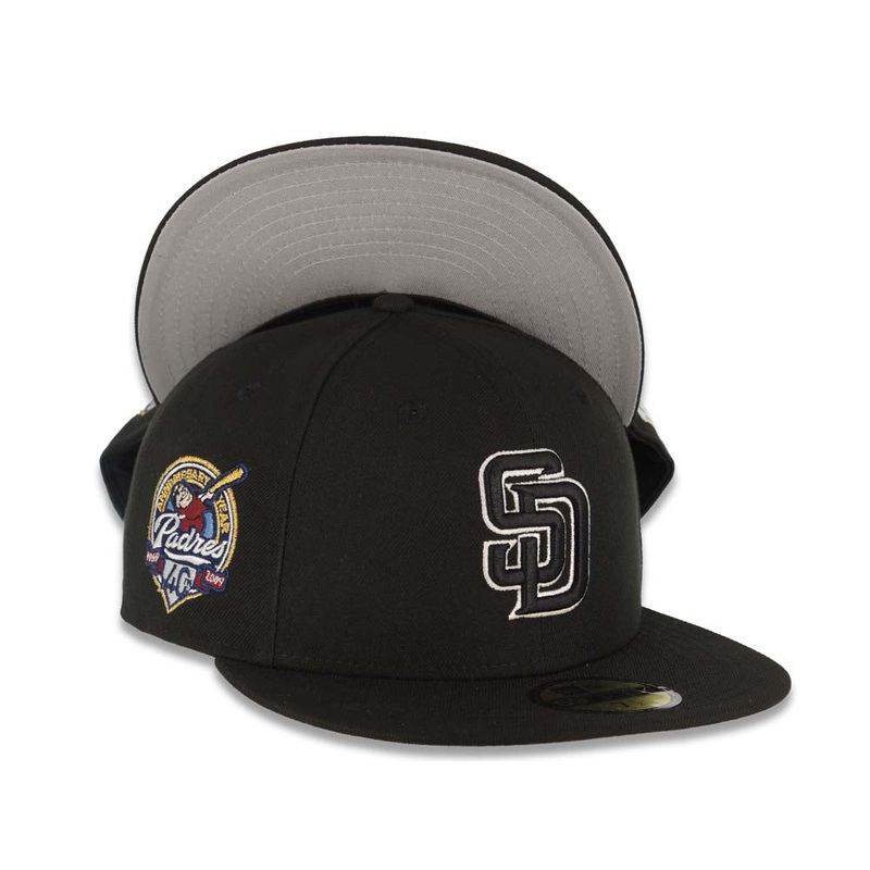 (Youth) San Diego Padres New Era MLB 59FIFTY 5950 Kid Fitted Cap Hat Black Crown/Visor Black/White Logo 40th Anniversary Side Patch Gray UV