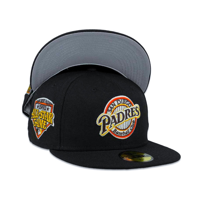 (Youth) San Diego Padres New Era MLB 59FIFTY 5950 Kid Fitted Cap Hat Black Crown/Visor Brown/Yellow Baseball Club Logo 1992 All-Star Game Side Patch
