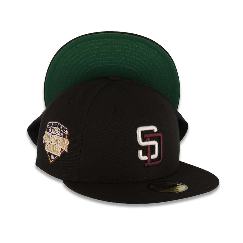 (Youth) San Diego Padres New Era MLB 59FIFTY 5950 Kid Fitted Cap Hat Black Crown/Visor White/Maroon Logo 1992 All-Star Game Side Patch Green UV