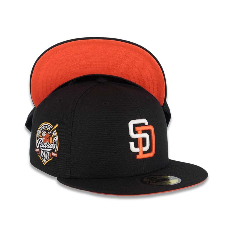 (Youth) San Diego Padres New Era MLB 59FIFTY 5950 Kid Fitted Cap Hat Black Crown/Visor White/Orange Logo 40th Anniversary Side Patch Orange UV