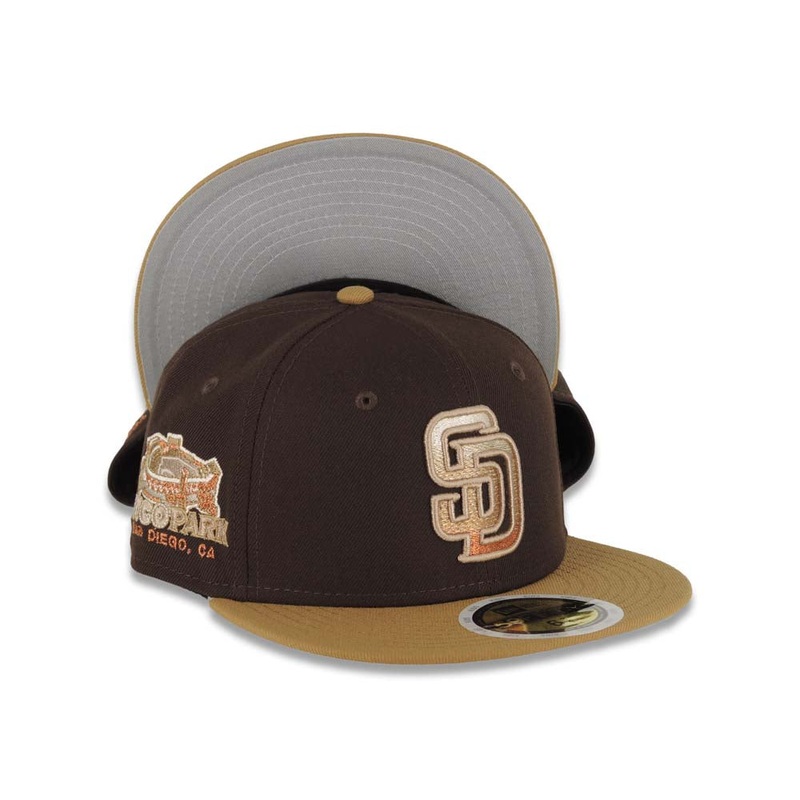 (Youth) San Diego Padres New Era MLB 59FIFTY 5950 Kid Fitted Cap Hat Brown Crown Wheat Visor Metallic Brown Gradient Logo Petco Park Side Patch