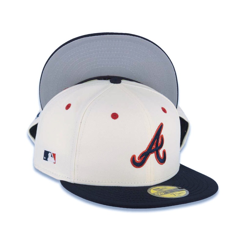 Atlanta Braves New Era MLB 59FIFTY 5950 Fitted Cap Hat Cream Crown Navy Blue Visor Navy/Red Batterman Batty Side Patch Logo Gray UV
