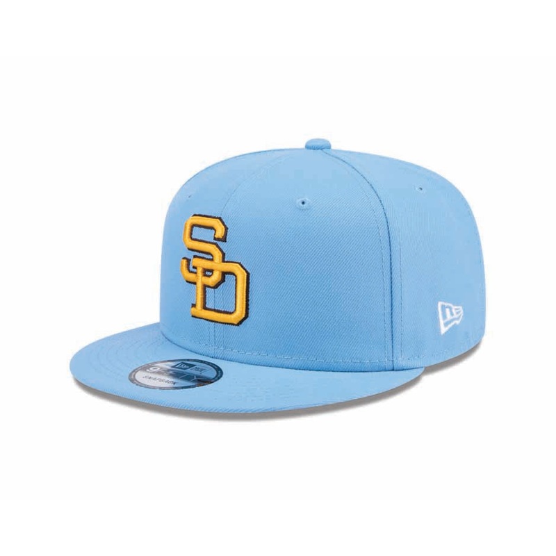 San Diego Padres New Era MLB 9FIFTY 950 Snapback Cap Hat Sky Blue Crown/Visor Yellow/Brown Retro Cooperstown Logo