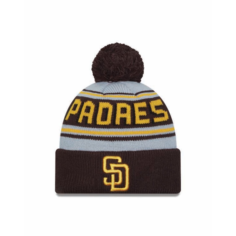 San Diego Padres New Era MLB Cuffed Pom Knit Hat Gray/Brown Crown/Visor Yellow Logo (Word Mark)