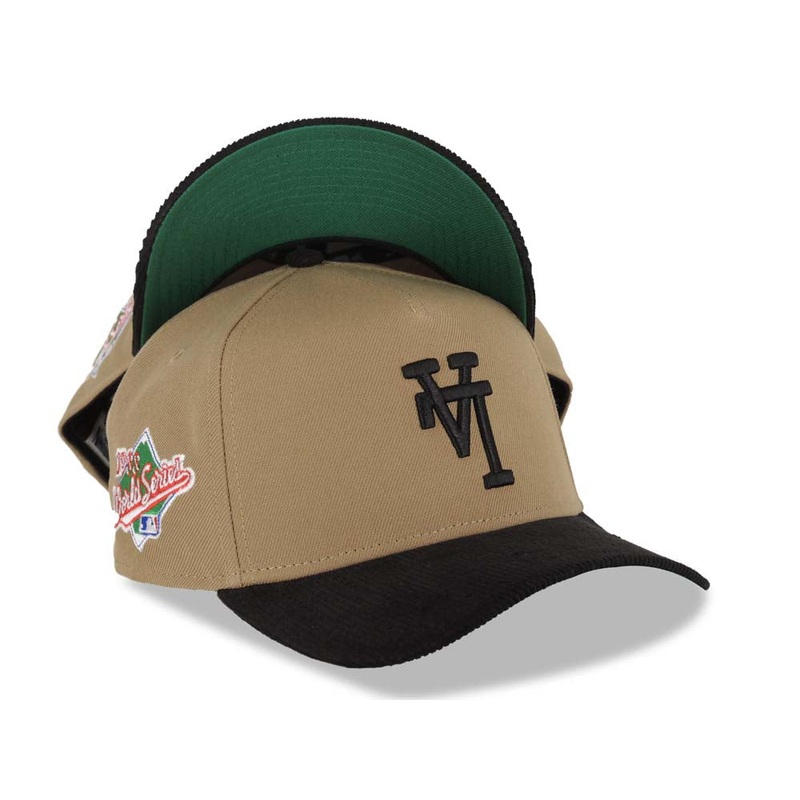 (Corduroy Visor) Los Angeles Dodgers New Era MLB 9FORTY 940 Adjustable A-Frame Cap Hat Khaki Crown Black Visor Black Upside Down Logo 1988 Patch