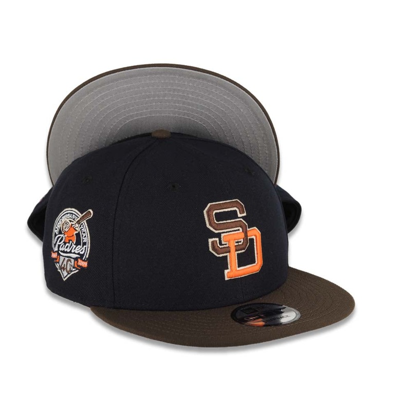 San Diego Padres New Era MLB 9FIFTY 950 Snapback Cap Hat Navy Blue Crown Brown Visor Brown/Orange Logo 40th Anniversary Side Patch Gray UV