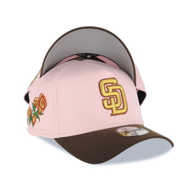 San Diego Padres New Era MLB 9FORTY 940 Adjustable A-Frame Cap Hat Pink Crown Brown Visor Metallic Gold/Brown Logo Flower/Rose Side Patch Gray UV
