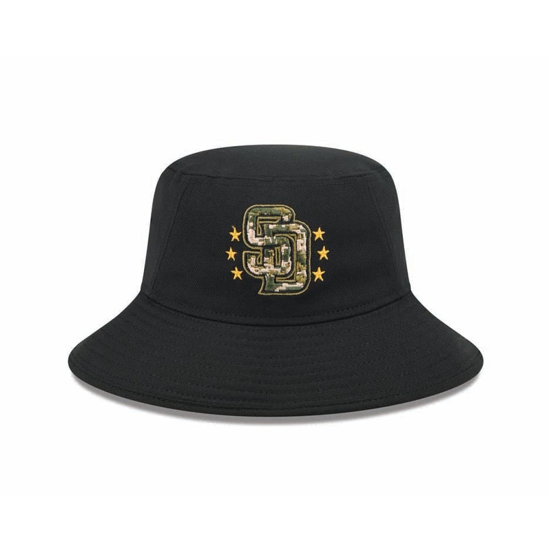 San Diego Padres New Era MLB Bucket Cap Hat Black Crown/Visor Camo Logo (2024 Armed Forces Day)