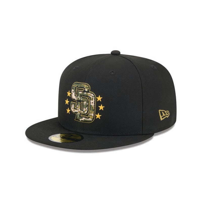 (Youth) San Diego Padres New Era MLB 59FIFTY 5950 Kid Fitted Cap Hat Black Crown/Visor Camo Logo Olive Green UV (2024 Armed Forces Day)
