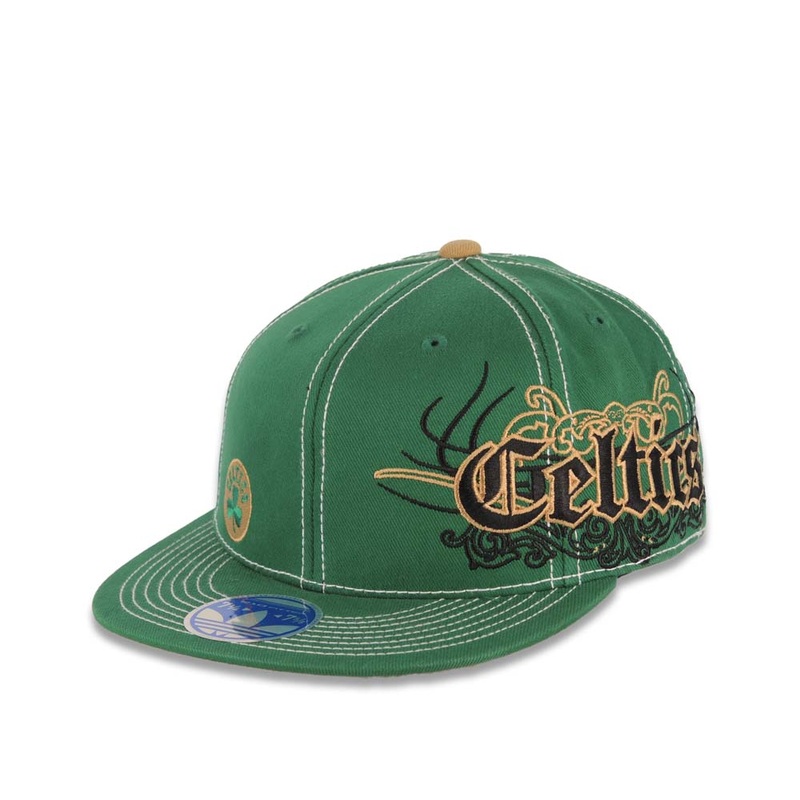 Boston Celtics Addidas NBA Fitted Cap Hat Green Crown/Visor Black/Gold Text Logo