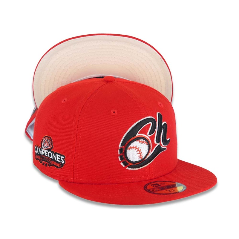 Charros de Jalisco New Era LMP 59FIFTY 5950 Fitted Cap Hat Red Crown/Visor Black/White/Metallic Red Logo 2022 Campeones Side Patch Light Yellow UV