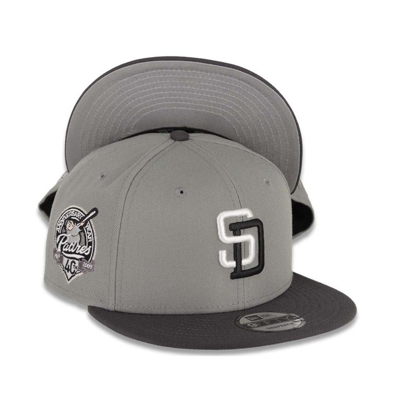 San Diego Padres New Era MLB 9FIFTY 950 Snapback Cap Hat Gray Crown Dark Gray Visor White/Black Logo 40th Anniversary Side Patch Gray UV