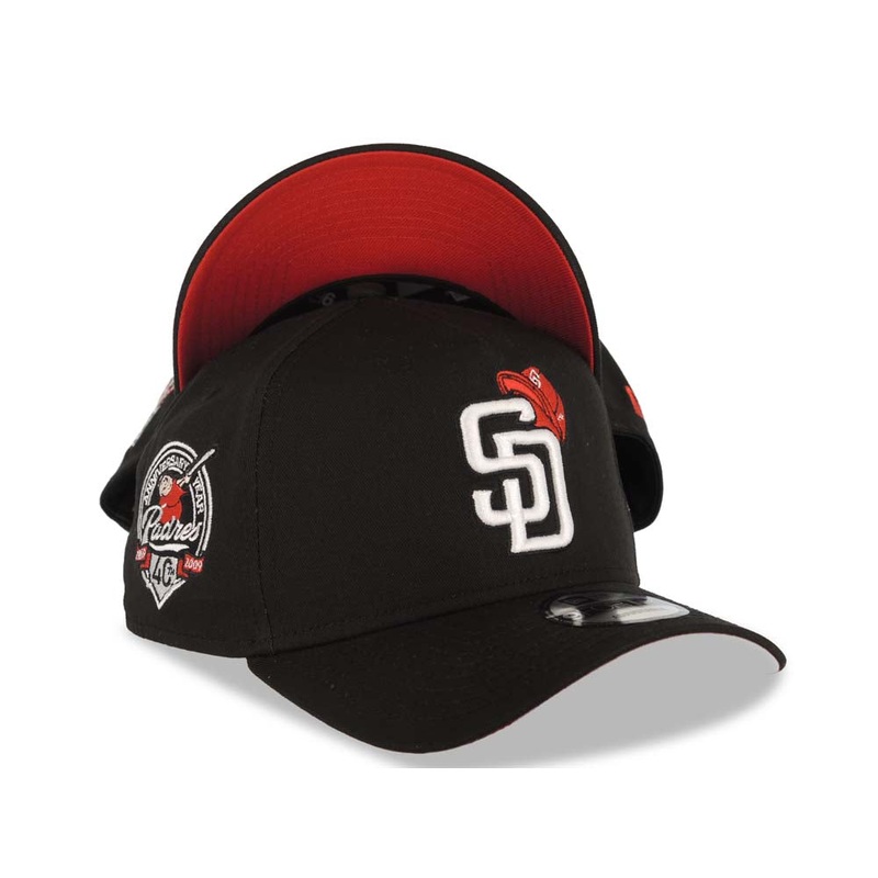 San Diego Padres New Era MLB 9FORTY 940 Adjustable A-Frame Cap Hat Black Crown/Visor White Logo With Cap 40th Anniversary Side Patch Red UV