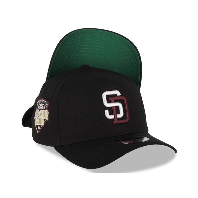 San Diego Padres New Era MLB 9FORTY 940 Adjustable A-Frame Cap Hat Black Crown/Visor White/Maroon Logo 1992 All-Star Game Side Patch Green UV